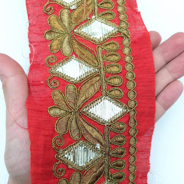 Trim By 9 Yard Maroon Red Art Silk Fabric Trim, Gold Floral Embroidery Gota Patti Sari Border Decorative Trim Craft Lace